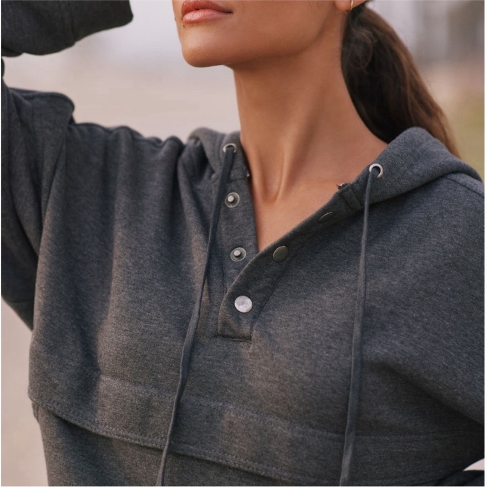 Anthropologie Daily Practice Henley Dark Gray Hooded Sweatshirt Cotton Size L - Picture 2 of 7